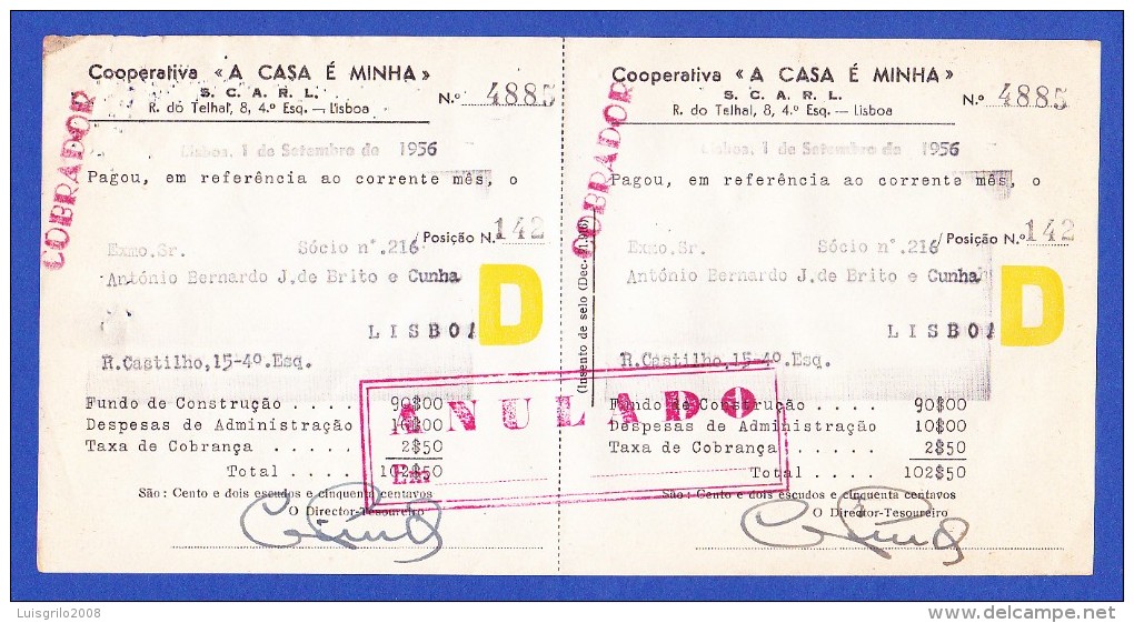 COOPERATIVA " A CASA É MINHA" - RUA DO TELHAL, 8 - 4º ESQº, LISBOA -- 1 DE SETEMBRO DE 1956 - Portugal