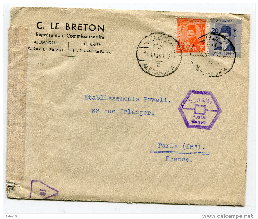 ALEXANDRIE Enveloppe De 1945 Pour PARIS Contrôle De La Censure ( 2 Scans) - Cartas & Documentos
