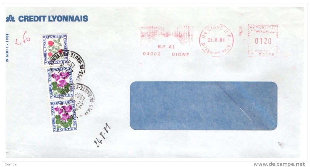 Lettre Taxée, 1981, DIGNE. Affranchie EMA 1,20 Fr  , Taxe 2,50 Fr, 3 Timbres FLEURS/6000 - 1960-.... Lettres & Documents