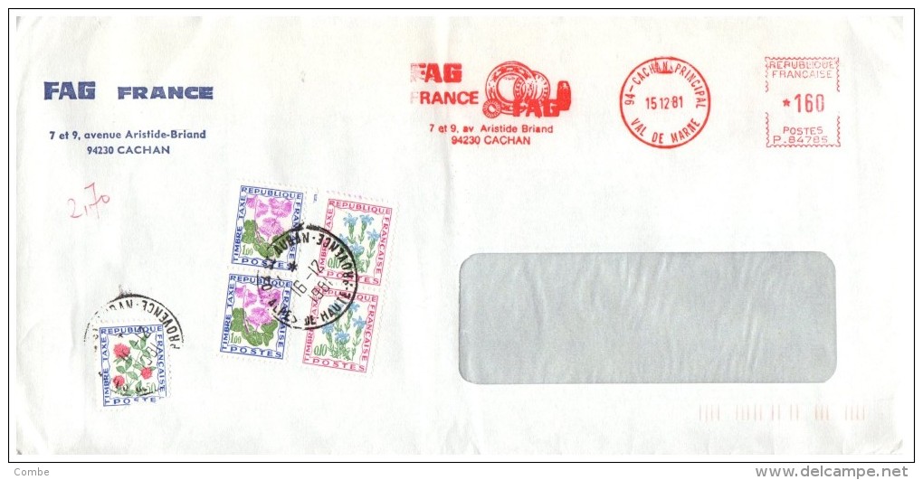 Lettre Taxée, 1981, Affranchie EMA 1,60 Fr  , Taxe 2,70 Fr, 5 Timbres FLEUR  /6000 - 1960-.... Storia Postale