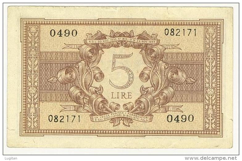 CARTAMONETA - # 082171 - 5 LIRE - ATENA ELMATA - DECR. 23 - 11 - 1944 - B - BS. 66 - Regno D'Italia – 5 Lire