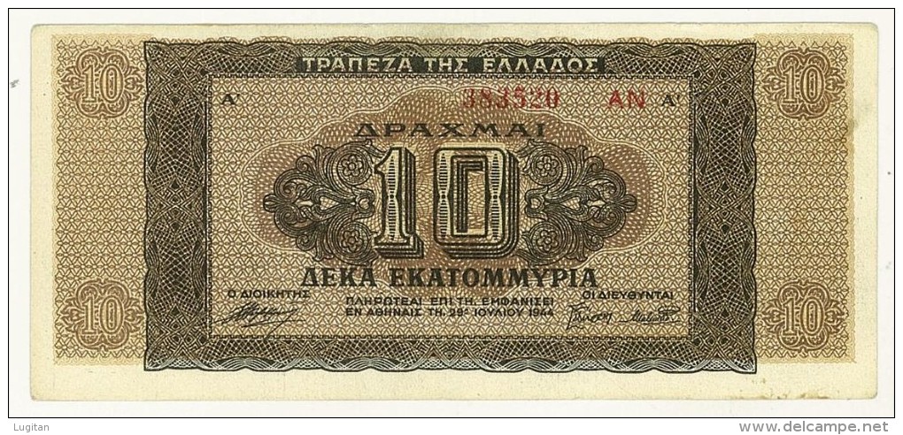 CARTAMONETA - GRECIA 10 DRACME -  EKATOMMYPIA - ANNO 1944 - Griekenland