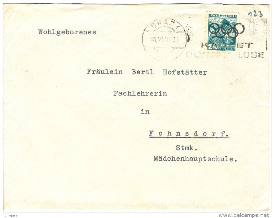 AUSTRIA Cover With Cancel GRAZ 1 KAUFET OLYMPIA-LOSE - Ete 1936: Berlin