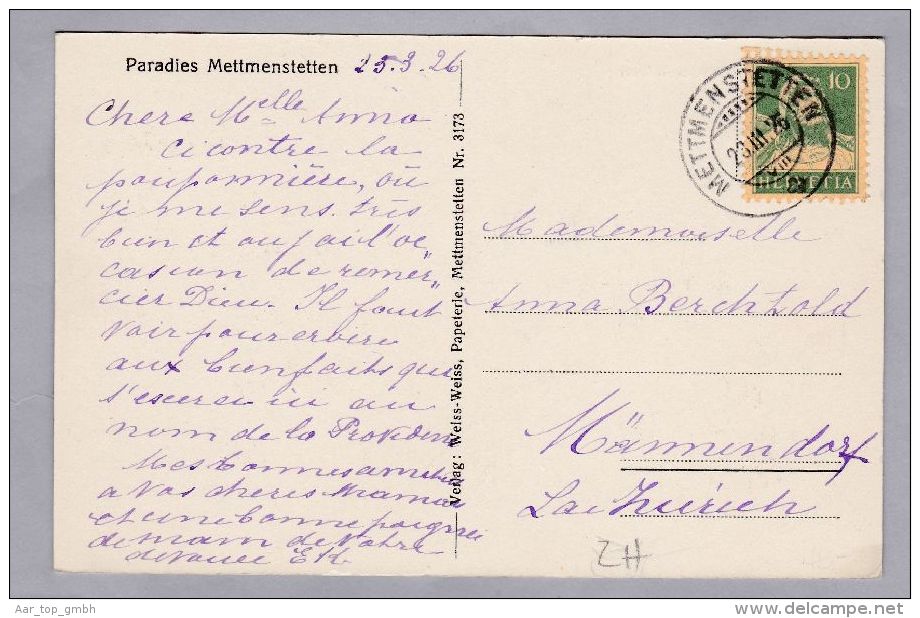 ZH  Mettmenstetten A. A. 1926.III.26 Mettmenstetten  Paradies Foto Weiss - Mettmenstetten