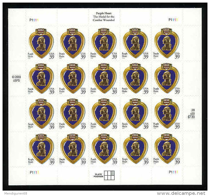 VEREINIGTE STAATEN ETATS UNIS USA 2006 Purple Heart PANE 20V. MNH SC 4032sp YV BF3826 MI B-4077 SG MS4574 - Ganze Bögen