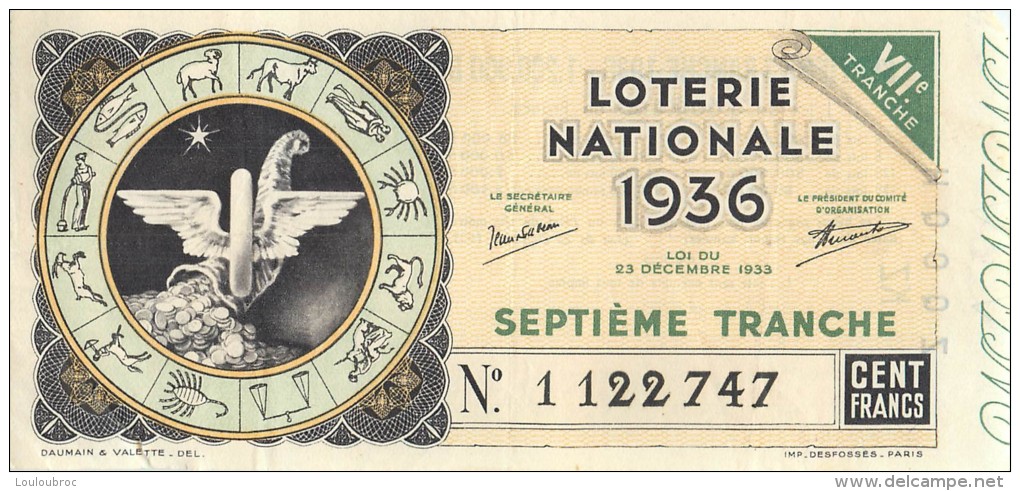 BILLET LOTERIE NATIONALE 1936 SEPTIEME TRANCHE 100 FRANCS - Billetes De Lotería