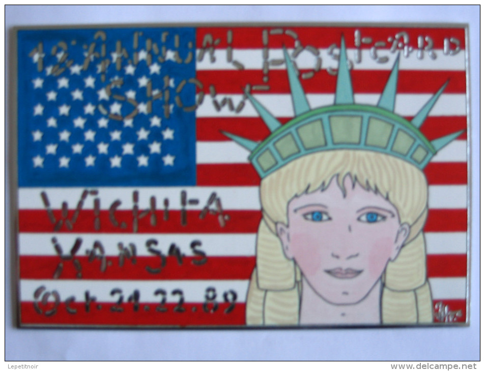 Patrick Hamm 12th Anual Poscard Show Wichita Kansas 1989 Femme Statue Liberté Drapeau USA Etats-Unis (n°407) - Hamm