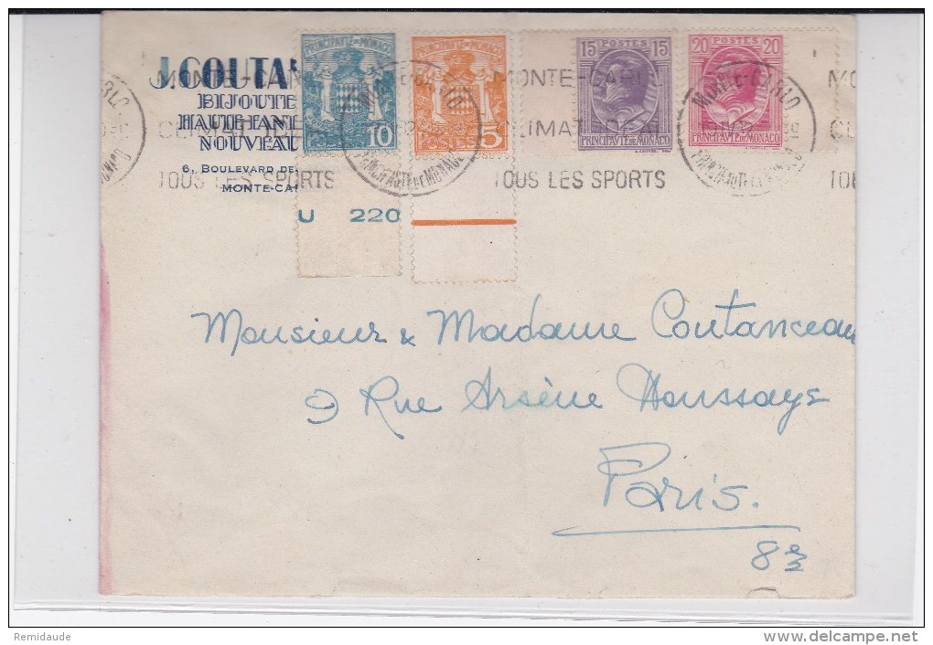 MONACO - 1932 - ENVELOPPE COMMERCIALE De MONTE-CARLO Pour PARIS - Marcophilie