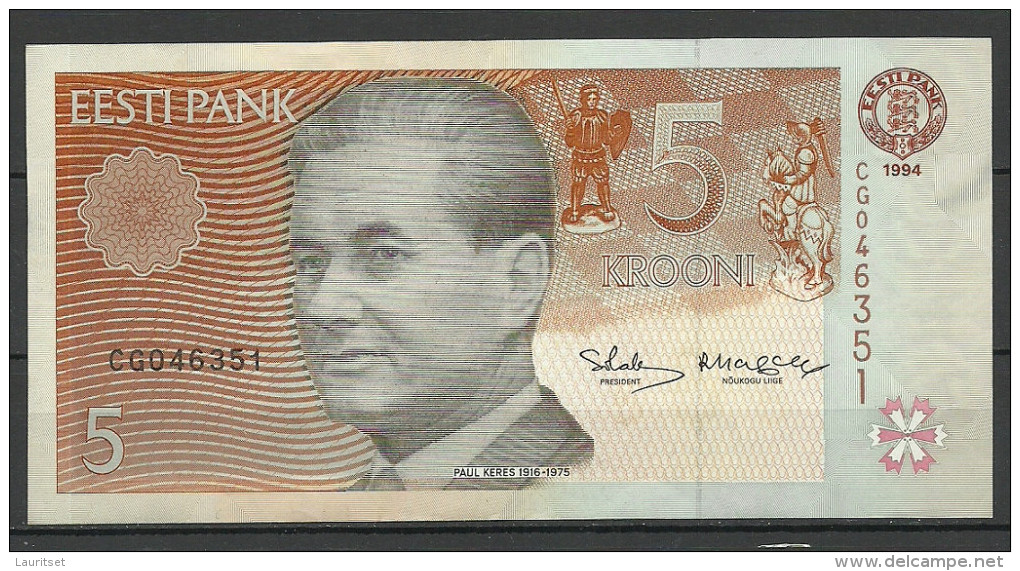 Estland Estonia Estonie 5 Krooni 1994 Banknote Bank Note Schach Chess PAUL KERES UNC - Estland