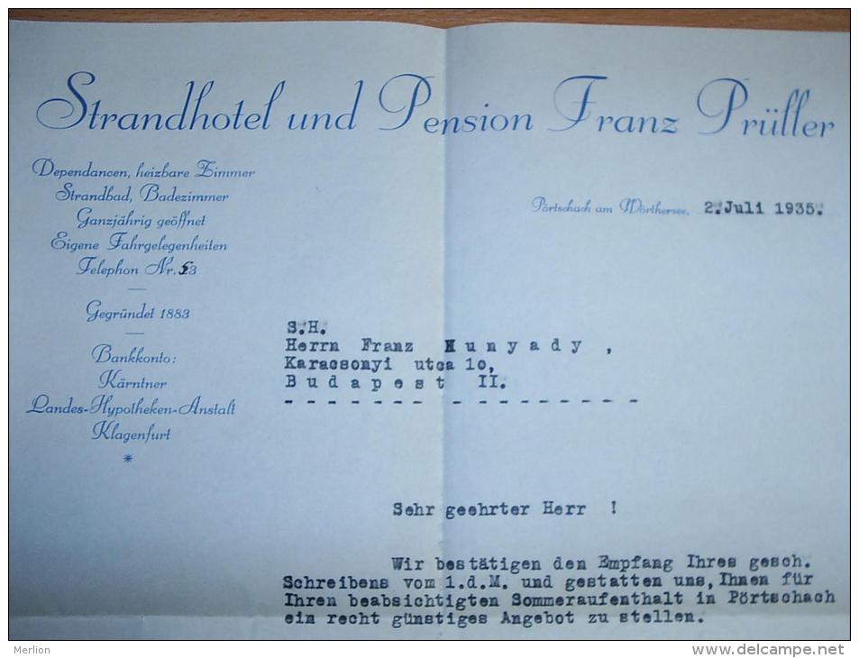 Austria Pörtschach Am Wörthersee  Strandhotel Und Pension FRANZ PRÜLLER -  Letter -from  1935  S3.1 - Autriche