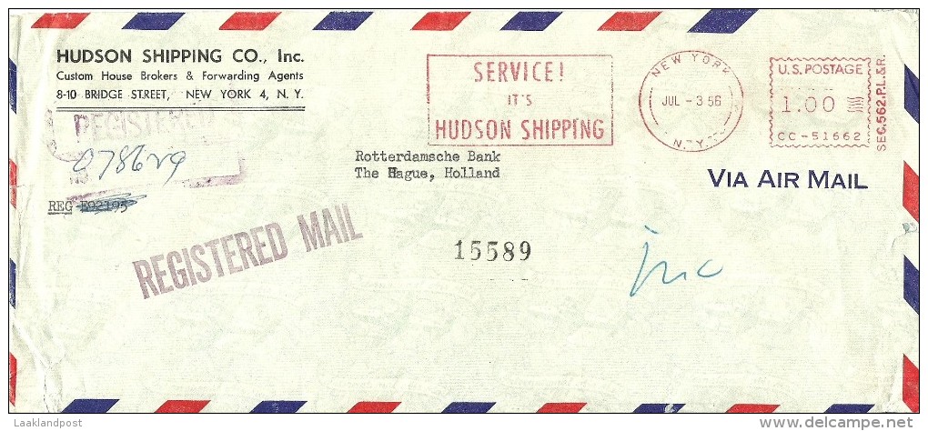 Registered Cover Hudson Shipping Co, New York 3/7/1956 To The Netherlands - Andere(Zee)
