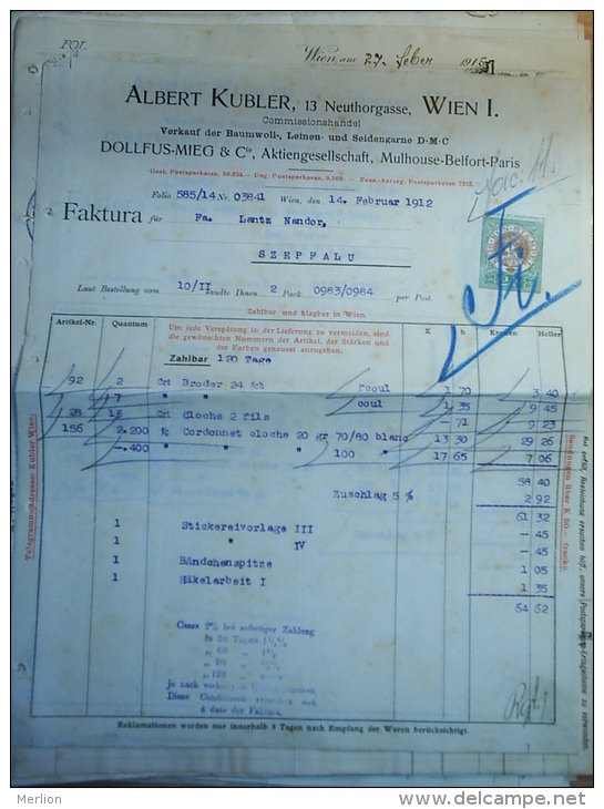 Austro-Hungary -  Austria WIEN - Albert Kubler  13 Neuthorgasse - Dollfus -MIEG  Rechnung INVOICE  From  1912  S3.14 - Autriche