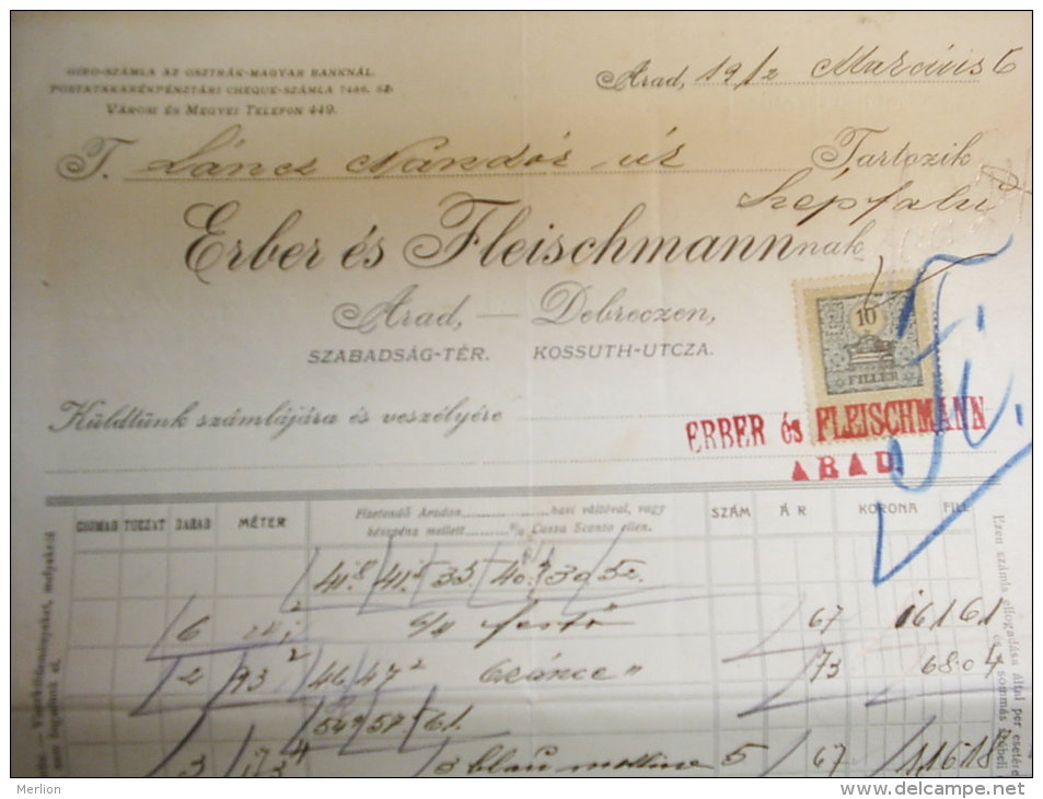 Austro-Hungary -ARAD - Debrecen -Erber és Fleischmann - INVOICE  From  1912  S5.03 - Autriche