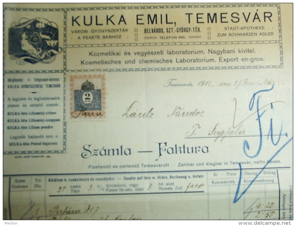 Austro-Hungary -Temesvár - KULKA EMIL + GYÓGYSZERTÁR  Apotheke Pharmacy - INVOICE  From  1912  S5.04 - Austria