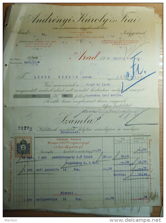 Austro-Hungary -ARAD - Andrényi  Károly  -Eisen Und Werkzeuggrosshandlung - INVOICE  From  1912  S5.05 - Austria