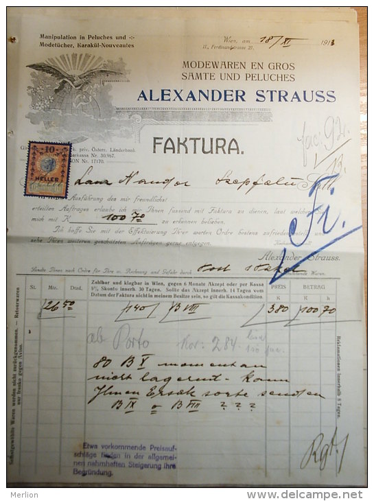 Austria   - WIEN  II - ALEXANDER STRAUSS - Modewaren  -Ferdinandstrasse 27  Rechnung - NVOICE  From  1913  S5.06 - Austria