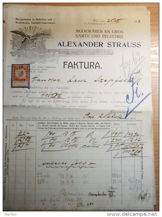 Austria   - WIEN  II - ALEXANDER STRAUSS - Modewaren  -Ferdinandstrasse 27  Rechnung - NVOICE  From  1913  S5.07 - Autriche