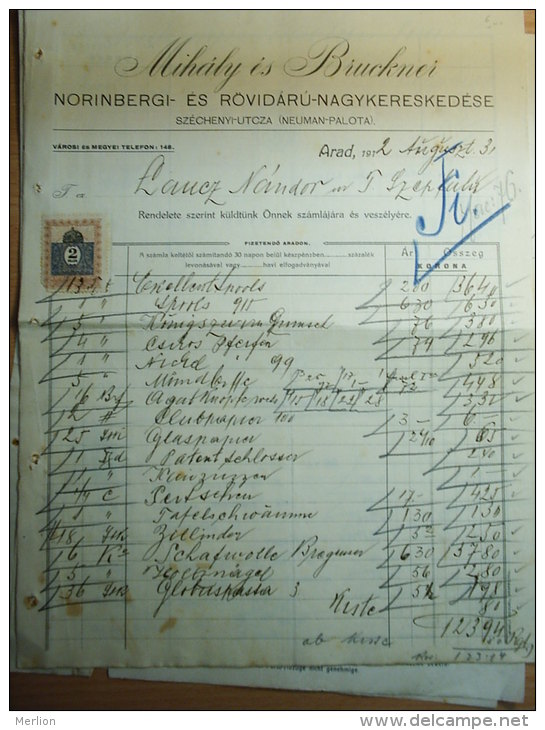 Hungary - ARAD  - Mihály és Bruckner Széchenyi Utca - Neuman Palota -   Invoice  From  1912  S5.10 - Autriche