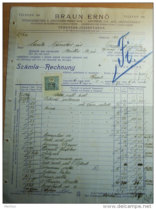 Austro-Hungary -Temesvár Apotheke Pharmacy  - Braun ErnÅ‘ - INVOICE  From  1914  S9.01 - Autriche