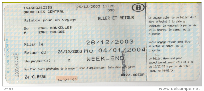 Alt406 Biglietto Treno Ticket Train Billet Belgique Belgio Bruxelles Central Brugge Ferrovie Railway Line Ferrocarril - Europe