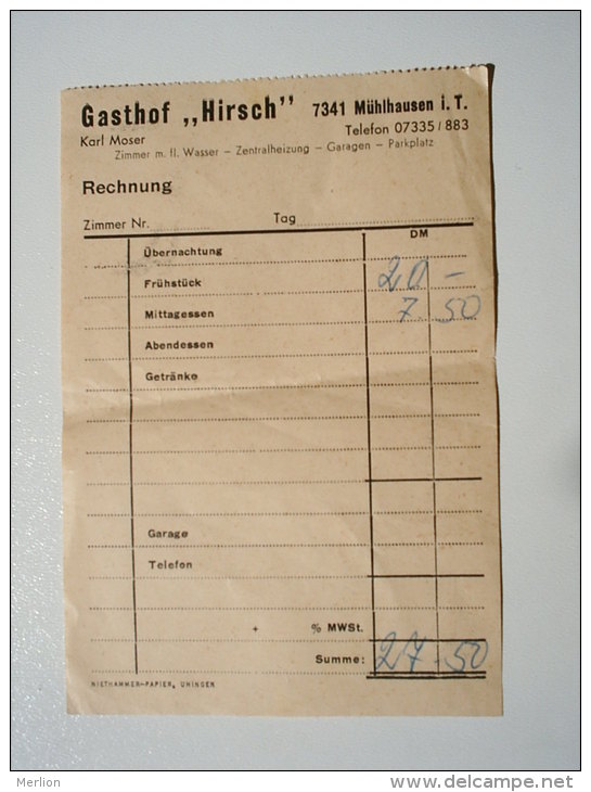 Deutschland - Gasthof Hirsch - 7341 - Mülhausen I.T.  - Rechnung  27.50 DM  S9.03 - Otros & Sin Clasificación