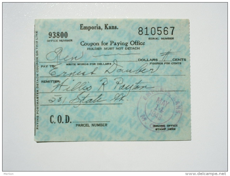 USA Kansas - Emporia - 1943 - Parcel Coupon  -  Ernest Dauber  S9.06 - USA