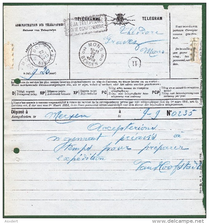 T18 - Télégramme - Telegram Déposé  Merxem >> MONS - 22. 9. 1913 / Déja Téléphoné + Cachet Facteur - Télégrammes