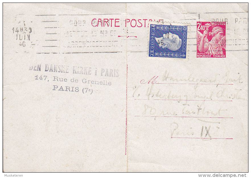 France Postal Stationery Ganzsache Entier Privée 2.40 Fr. Iris DEN DANSKE KIRKE I PARIS 1946 To PARIS (2 Scans) RARE !!! - Overprinter Postcards (before 1995)