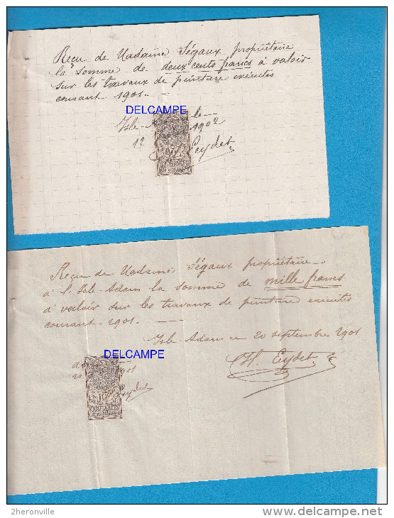 2 Reçus Avec Timbre Fiscal De Quittance 10 C - L´ ISLE ADAM - Juin 1902 - Travaux - Autres & Non Classés