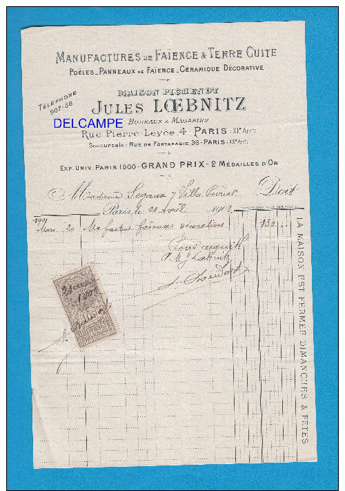 Facture Ancienne De 1902 - PARIS 11e - Maison Pichenot , Jules LOEBNITZ - Faience & Terre Cuite - Rue Pierre Levée - 1900 – 1949
