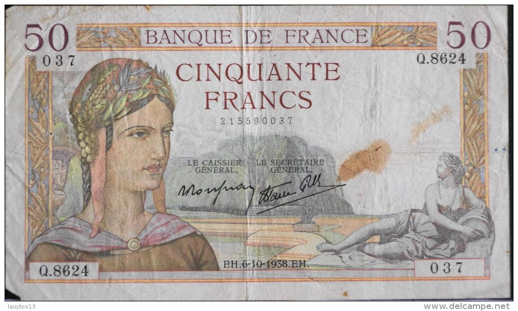 FRANCE 1 BILLET De BANQUE De 50Francs Type Cérès - EH.6-10-1938. EH. - 50 F 1934-1940 ''Cérès''