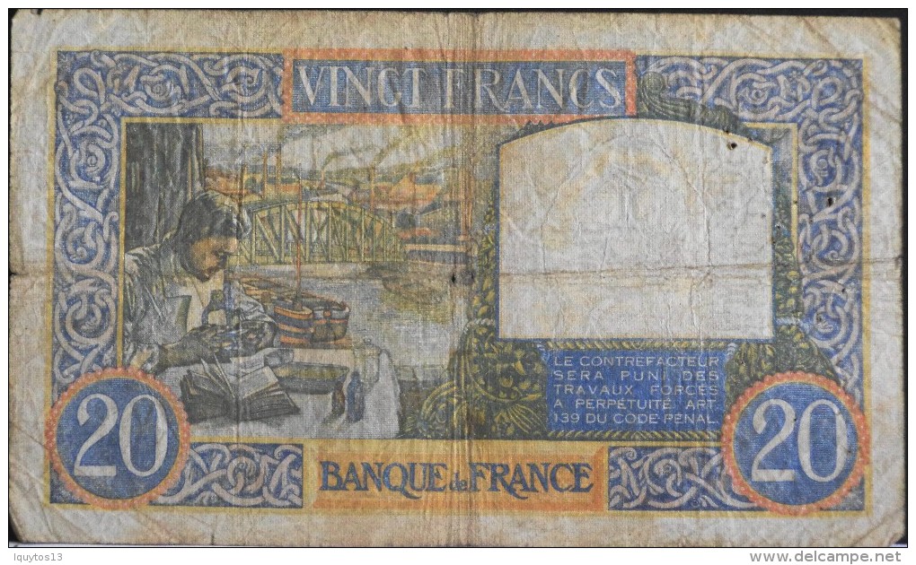 FRANCE 1 BILLET De BANQUE De 20Francs Type Science Et Travail - UJ.20=2=1941. - 20 F 1939-1942 ''Science Et Travail''