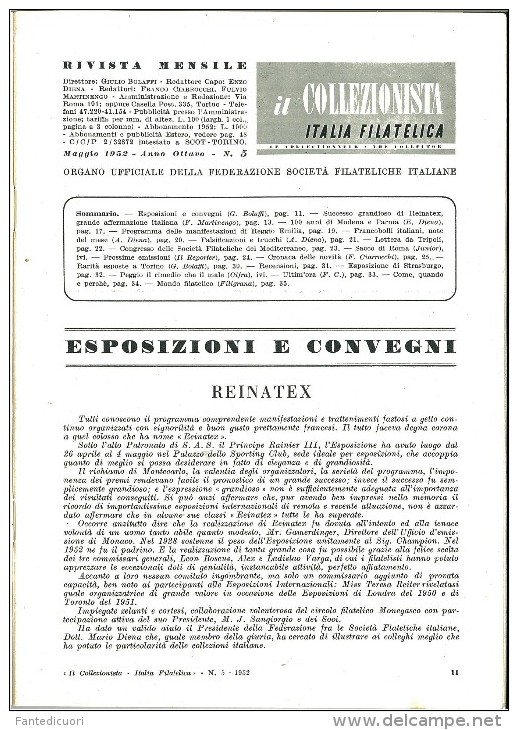 Rivista Il Collezionista - Bolaffi Editore Numero 5 Del 1952 - Italienisch (ab 1941)