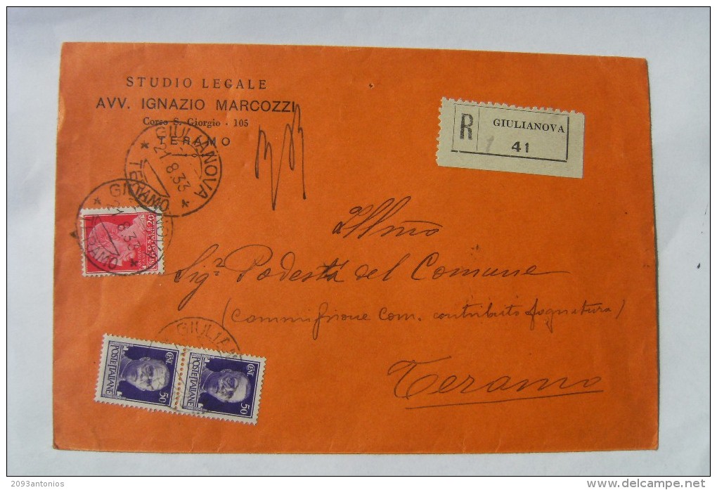 PU11 STORIA POSTALE   VIAGGIATA TERAMO GIULIANOVA  21.8.33 RACCOMANDATA - Altri & Non Classificati