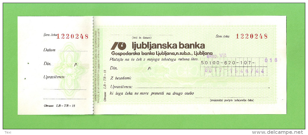 Bank Check Slovenia - Ljubljanska Banka - Cheques & Traveler's Cheques
