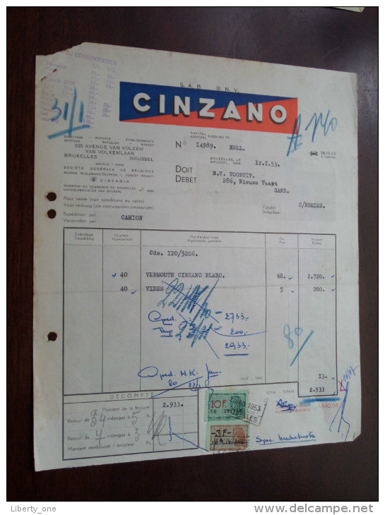 CINZANO Bruxelles 1953 / Tax Zegels ( Zie Foto Voor Details )! - Alimentaire