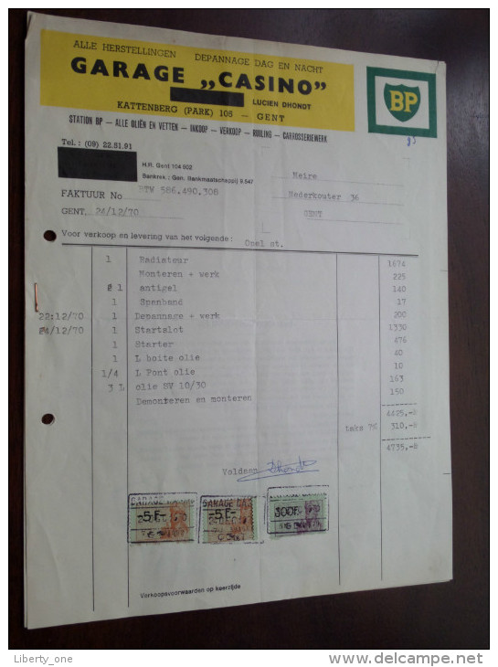Garage CASINO " BP " Kattenberg GENT Dubbele Factuur 1970 / Tax Zegels ( Zie Foto Voor Details )! - Automovilismo