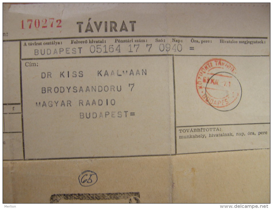 Hungary - Telegramme Telegraph  Sent By PALOTAI BORIS  To Dr. Kiss Kálmán , Magyar Rádió 1963 -  S13.03 - Telegraaf