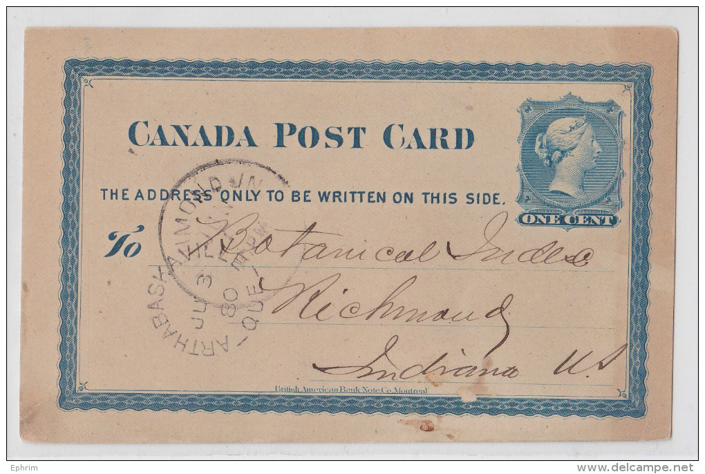 Entier Postal Canada Post Card 1880 Arthabaska Ville Québec Pour Richmond - 1860-1899 Reign Of Victoria