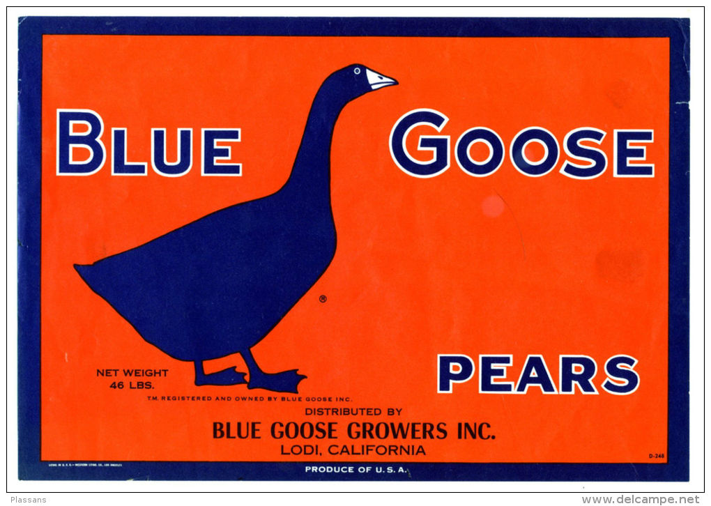 Étiquette De Caisse Fruits BLUE GOOSE PEARS . Poires Californie. Lodi California. Produce Of USA - Fruits & Vegetables