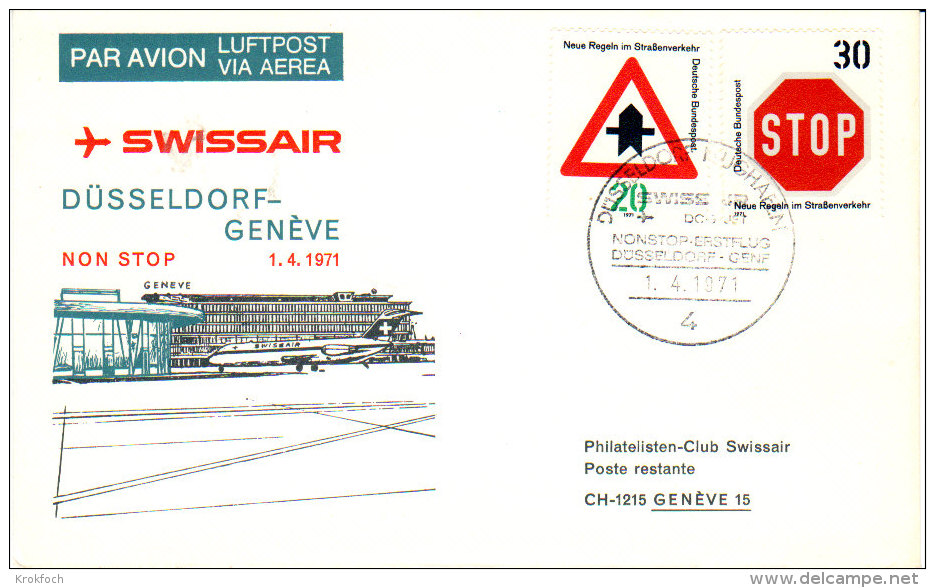 Dusseldorf Genève 1971 - Swissair Erstflug First Flight 1er Vol - First Flight Covers