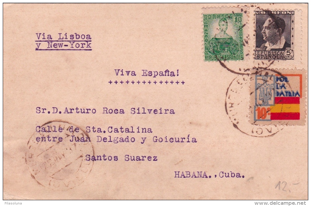 01860 Tarjeta Postal Habana Cuba- Via Lisboa Y New York - Censura Militar - Marcas De Censura Nacional