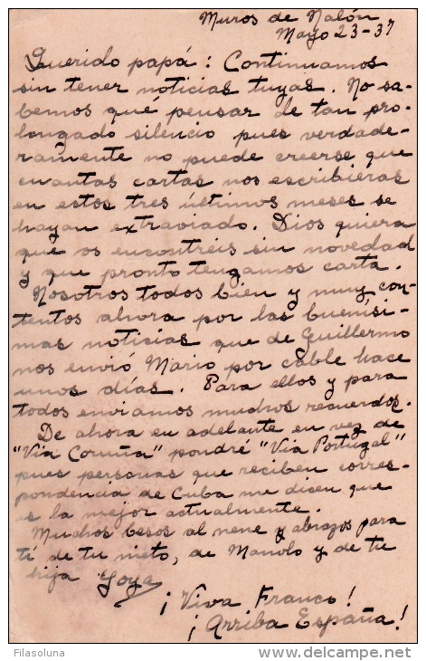 01860 Tarjeta Postal Habana Cuba- Via Lisboa Y New York - Censura Militar - Marques De Censures Nationalistes