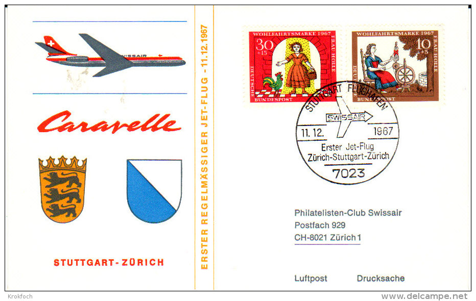 Stuutgart Zurich Caravelle 1967 - Swissair Erstflug First Flight 1er Vol - First Flight Covers