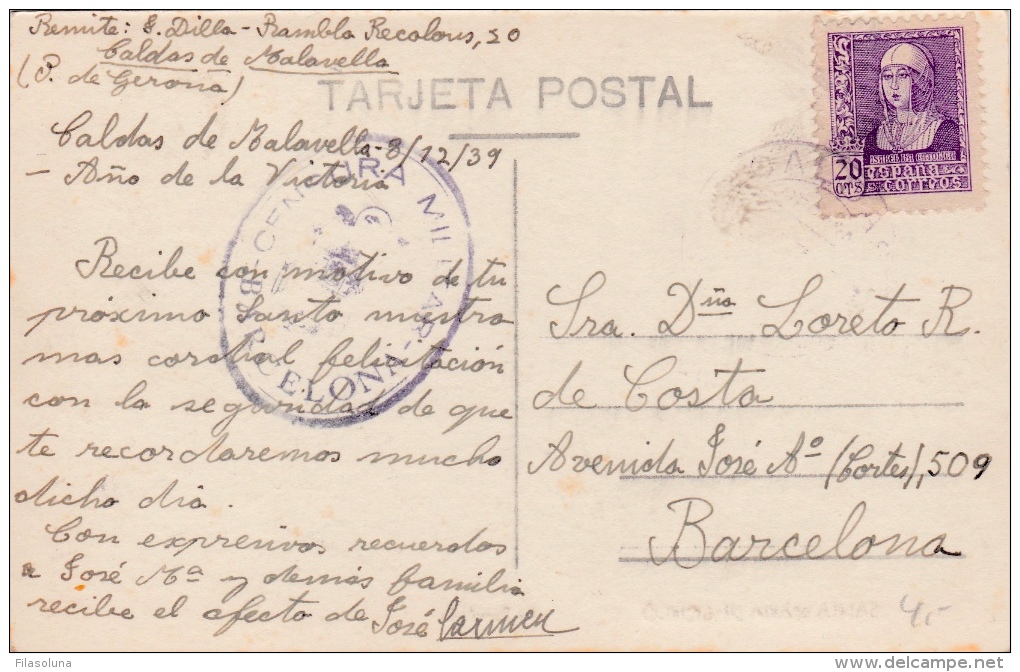 01861 Tarjeta Postal De Caldes De Malavella A Barcelona - Censura Militar - Marques De Censures Nationalistes