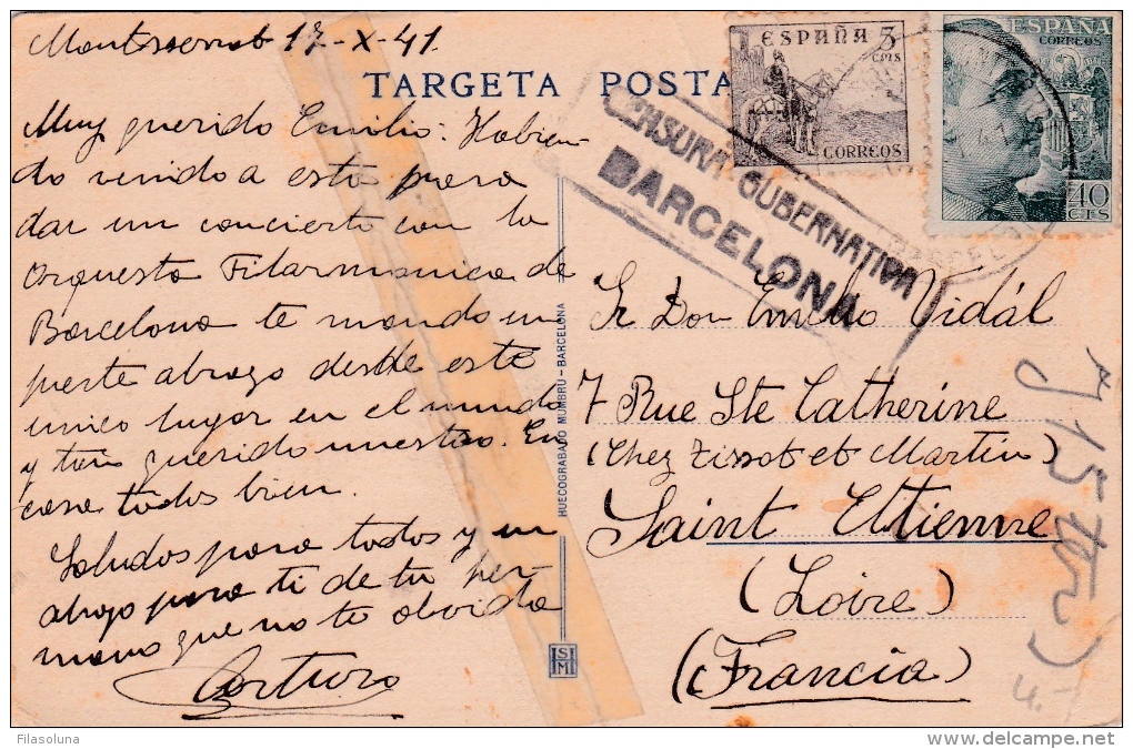 01863 Tarjeta Postal De Barceloa A Loire-Francia - Censura Militar 1941 - Marques De Censures Nationalistes