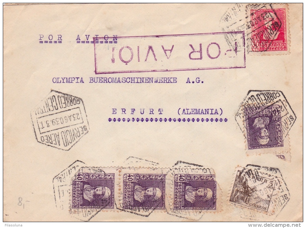 01874 Carta DeMadrid A Erfurt-Alemania - Censura Militar 1939 Madrid - Marcas De Censura Nacional