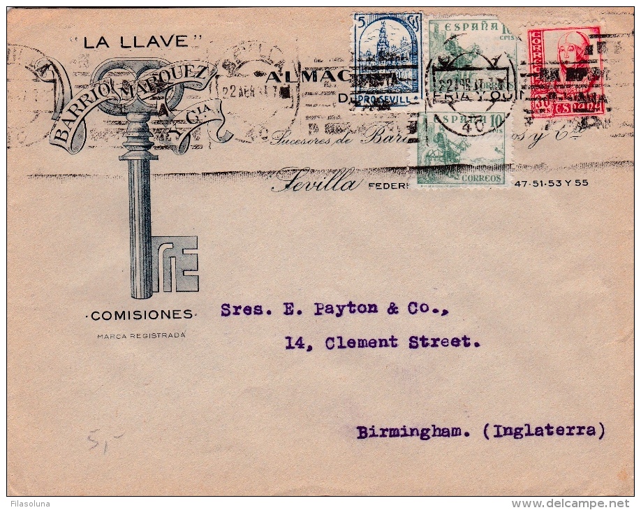 01879 Carta De Sevilla A Birmingham-Inglaterra- Censura Militar - Marques De Censures Nationalistes