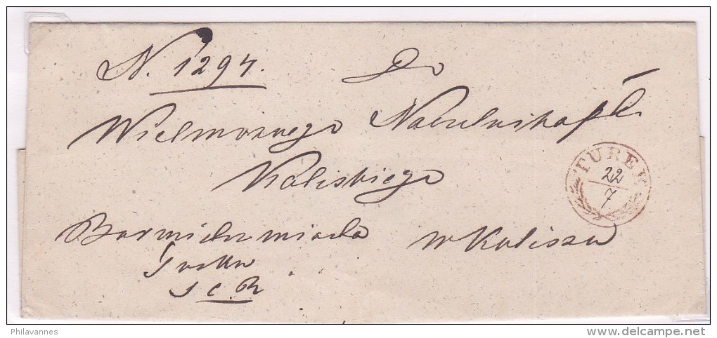 Pologne, Lettre De TUREK, (petit Cachet Rouge, Avec Date Manuscrite) Pour Kalisz (p6) - ...-1860 Voorfilatelie