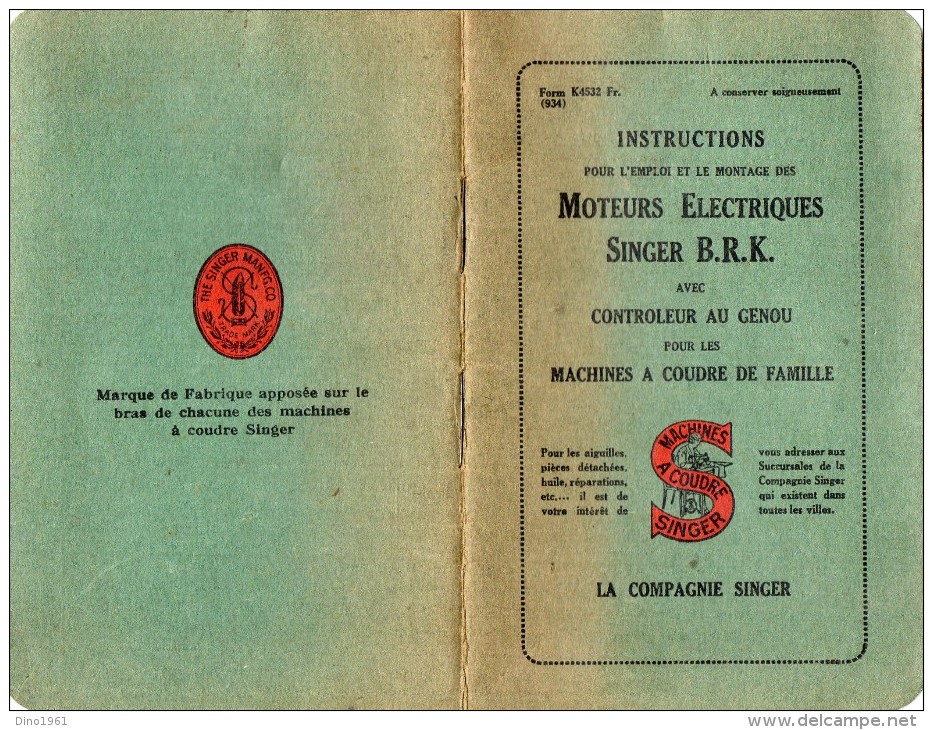 L 8 - Petit Manuel D´instructions Pour L´emploi Et Montage Des Moteurs Electriques SINGER B.R.K Machines à Coudre - Reparaturanleitungen